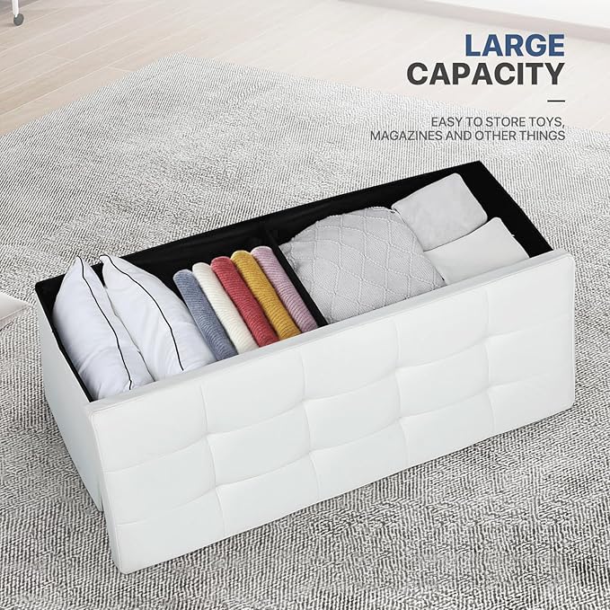 MoNiBloom 43 Inch Storage Ottoman Bench, 34 Gal. Folding Ottoman Footrest, End of Bed Bench, Rectangle Foot Stool, Supports 600 lbs, for Bedroom, Living Room, Entryway, Hallway, White