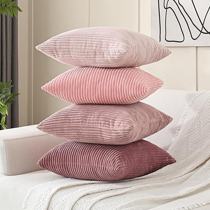 Volcanics Set of 4 Pink Corduroy Decorative Couch Throw Pillow Covers 18x18 Inch, Valentine's Day Farmhouse Striped Cushion Cases, Soft Boho Square Accent Pillow Covers for Home Sofa