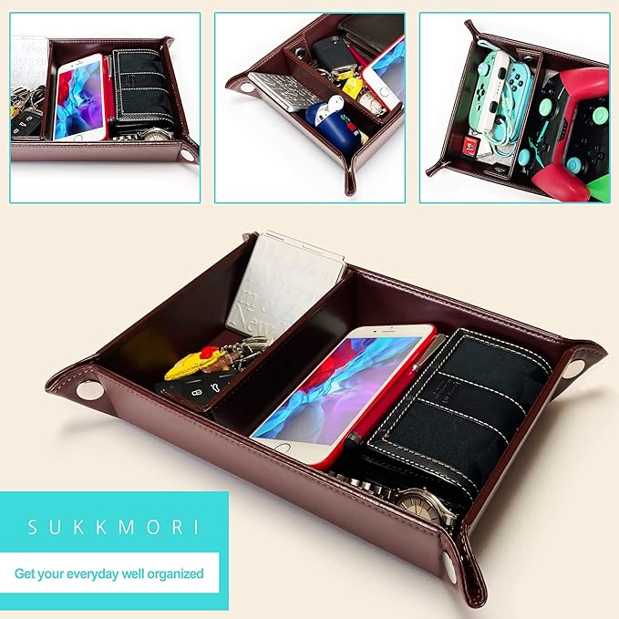 Valet Tray for Men and Women - PU Leather Nightstand Organizer with Desk Catchall Tray, Dresser Box for Keys, Jewelry