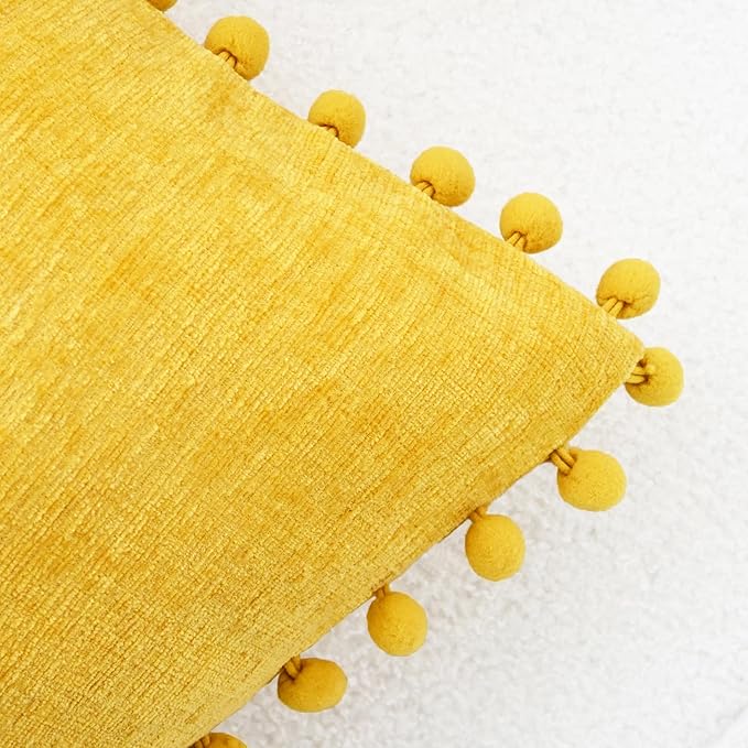 CaliTime Throw Pillow Covers Decorative 20 X 12 Inches Pack of 2 Cozy Solid Dyed Soft Chenille Cushion Cases with Pom Poms for Couch Sofa Bed Living Room Home Mustard Yellow
