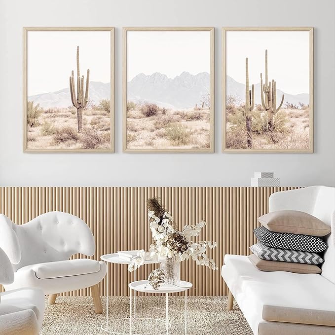 Sonoran Desert Landscape Wall Art Cactus Arizona Canvas Wall Decor Desert Poster Pictures Saguaro Cactus Art Prints Landscape Painting for Home Bedroom 12x16 Inch Wood Framed Set of 3