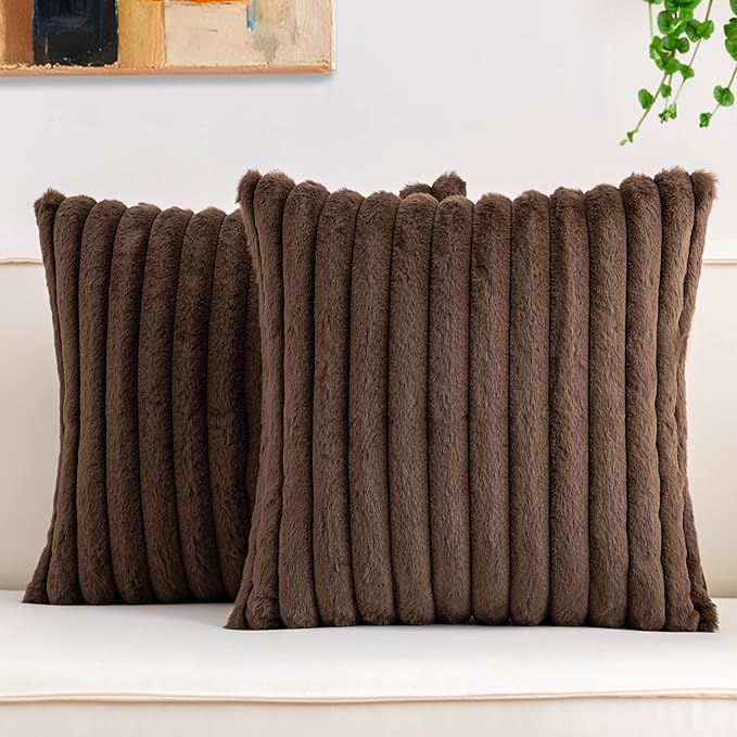 Aegero Pack of 2 Faux Fur Fall Throw Pillow Covers 20x20 Inch, Soft Plush Striped Neutral Couch Pillow Cover, with Velvet Back Modern Home Decor for Sofa Living Room Couch Bed Dark Coffee