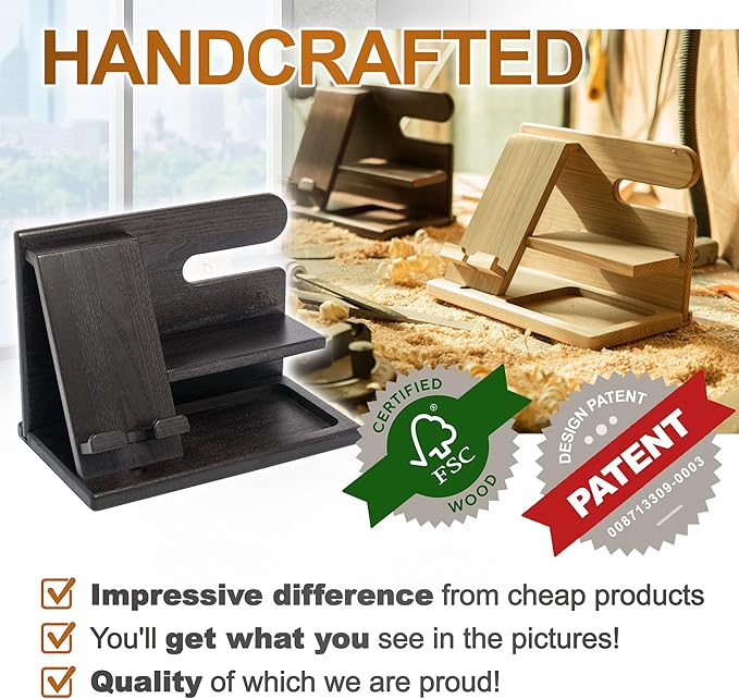 TESLYAR Wood Phone Docking Station for Men - Desktop or Nightstand Organizer - Birthday Gifts for Men, Dad - Anniversary Idea from Wife - Key Holder, Stand Wallet, Watch & Essentials (Granite Black)