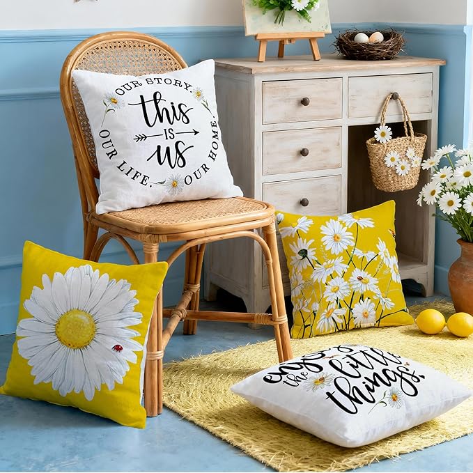 Hexagram Spring Summer Pillow Covers 16x16 Set of 4, Floral Daisy Outdoor Decorative Throw Pillow Covers, Yellow Farmhouse Cushion Case for Couch Sofa Living Room Bedroom Home Indoor Decor(No Insert)
