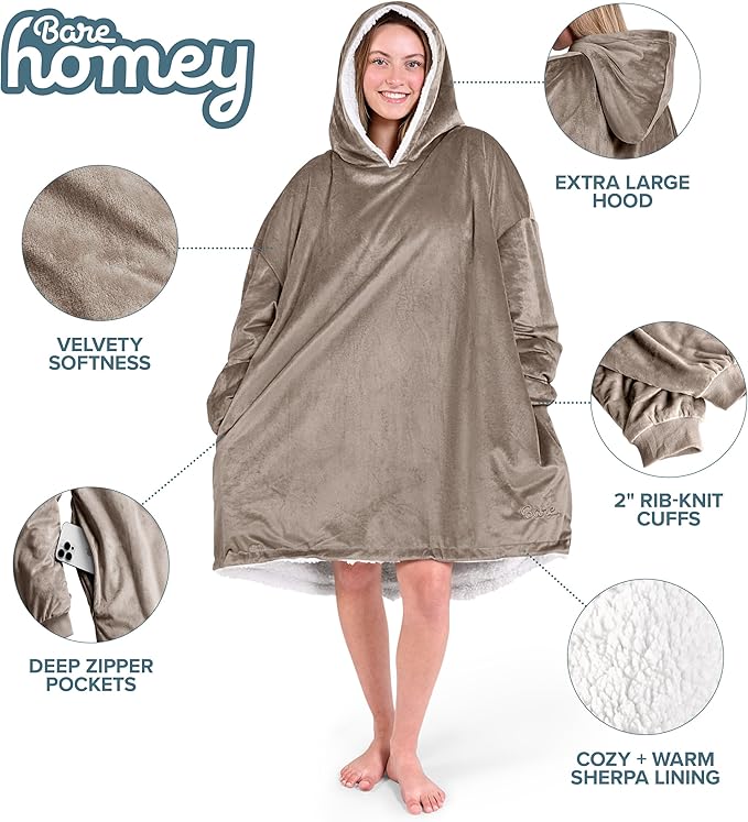 Bare Home Wearable Blanket Hoodie - Soft Plush Sherpa - Warm and Cozy - Oversized Wearable Blanket - Adult & Kid Sizes