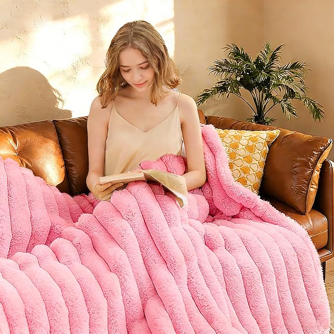 Faux Fur Throw Blanket for Couch, 850GSM Cozy Soft Plush Thick Striped Luxury Blanket for Sofa Living Room Bedroom,50 * 60 Inches, Pink