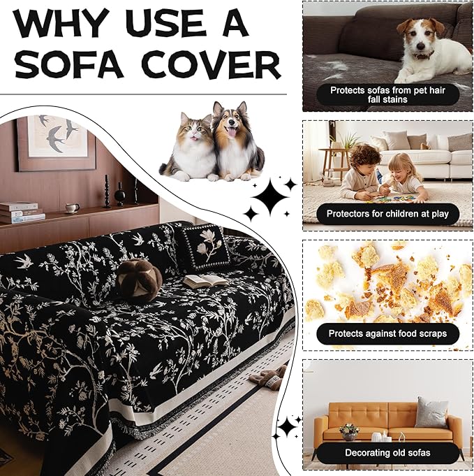 HANDONTIME Couch Cover for Dogs Washable Bird Floral Pattern Slipcovers for Couches and Sofas Black Sofa Covers with White Jacquard Flower Chenille Couch Cover Blanket Pet Friendly, 71" X 134"