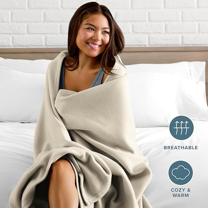 Bare Home Polar Fleece Blanket - Throw - Oyster - Warm & Cozy - Premium Fleece for Bed, Sofa, Camping, Travel and Cold Nights - Lightweight Blanket (Throw, Oyster)