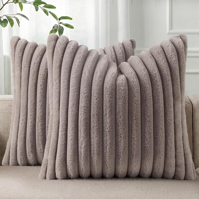 Pallene Faux Fur Plush Throw Pillow Covers 16x16 Set of 2, Luxury Soft Fluffy Striped Decorative Pillow Covers for Sofa, Couch, Living Room, Light Coffee