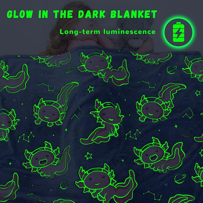 Axolotl Blanket Glow in The Dark for Girls, Axolotl Gifts Toys for Kids Teens Girls Easter, Soft Cozy Plush Fleece Throw Blankets for Couch & Bed Graduation Decor, Travel, Birthday Gifts 50x60inch