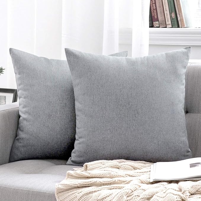 MIULEE Pack of 2 Decorative Outdoor Solid Waterproof Throw Pillow Covers Euro Sham Faux Linen Garden Farmhouse Cushion Cases for Patio Tent Balcony Couch Sofa 22x22 Inch Light Grey