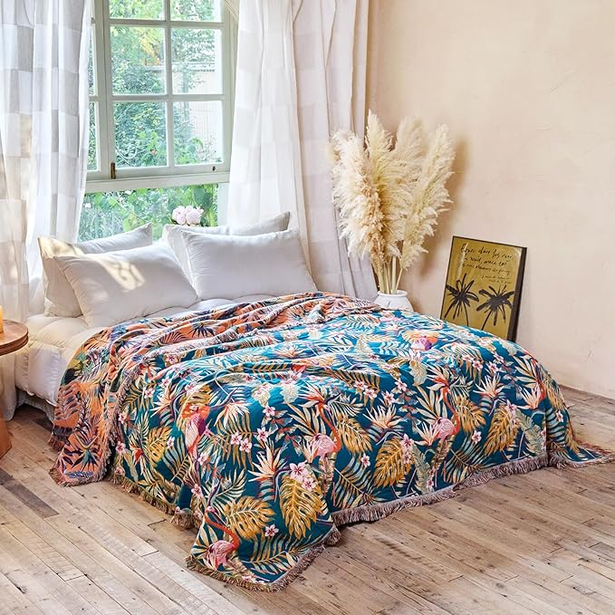 Boho Throw Blanket - 100% Cotton Ultra Soft Muslin Spring Blanket, 60"x80" Lightweight Floral Bird Framhouse Bedding Blanket for Bed, All Season Blue Bohemian Bedroom Home Decor Quilt