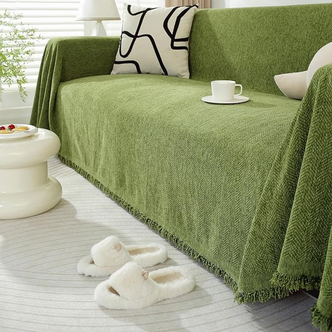 HANDONTIME Olive Green Chenille Sofa Cover for Sectional Couch, 71" x 118" Herringbone Couch Protector, Pet-Friendly Washable Furniture Cover, Soft Thick Sofa Slipcover