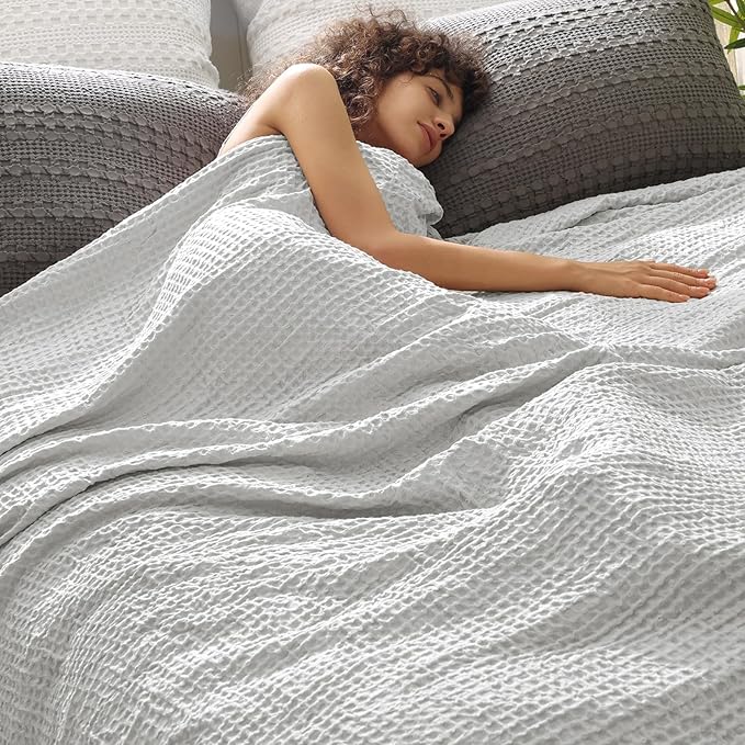 PHF Ultra Soft Waffle Weave Blanket King Size 104"x 90"- Washed Lightweight Breathable Cozy Woven Blanket for Bed - Aesthetic Decor for Couch Bedding Sofa Home Car - Light Grey