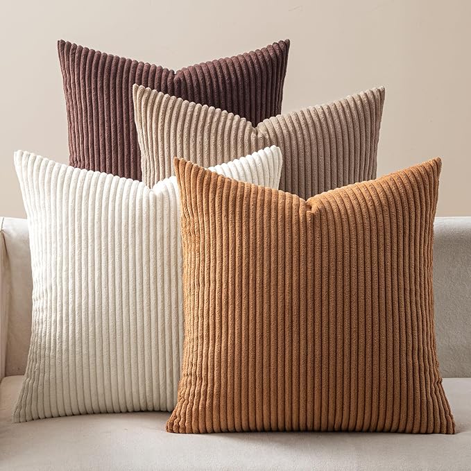 EMEMA Brown Decorative Throw Pillow Covers 24x24 Inch Set of 4 Boho Farmhouse Corduroy Striped Square Pillow Case,Western Modern Cushion Covers for Couch Bed Livingroom Home Decor