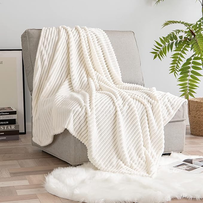MIULEE Fleece Throw Blanket with Stripe Pattern for Couch Super Soft Fuzzy Flannel Cream White Blanket Plush Warm Cozy Bed Blanket for Sofa Chair Twin Size 60"x80"
