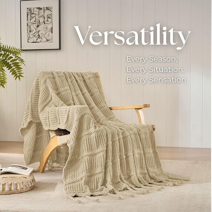 Boho Knitted Chenille Blanket with Tassels - Lightweight & Soft All-Season Throw - 3D Classic Pattern for Living Room Bedroom Couch, Sandy Beige, Queen 90"x90"