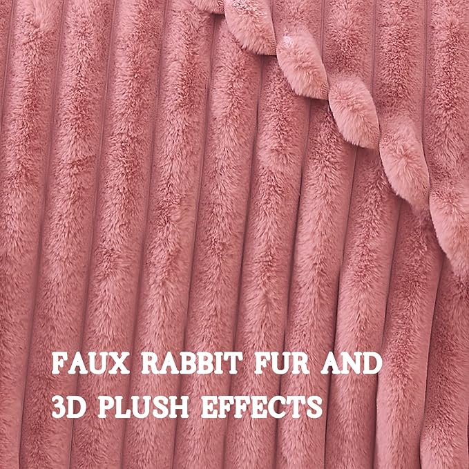 Lotus Karen Fluffy Faux Fur Throw Blanket for Couch Bed, Large 650GSM King Size Cozy Soft Warm Rabbit Fur Striped Pink Blanket for Women, Luxury Throw for Gift Home Decor (Pink, 104x90 Inch)