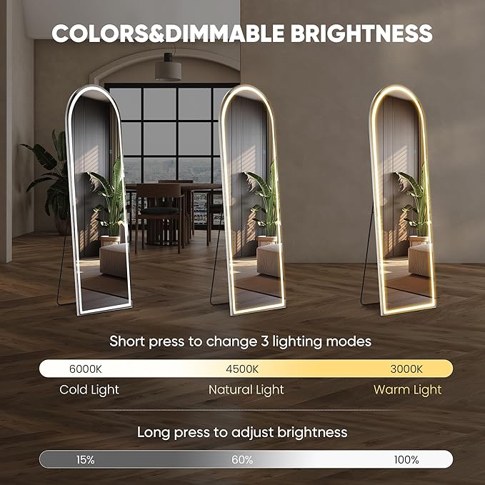 DUMOS Arched Full Length Mirror with Light-15.7×59.8" LED Floor Standing Mirror with 3 Color Lights & Wall Mounted for Bedroom, Dressing Room, Living Room, Bathroom