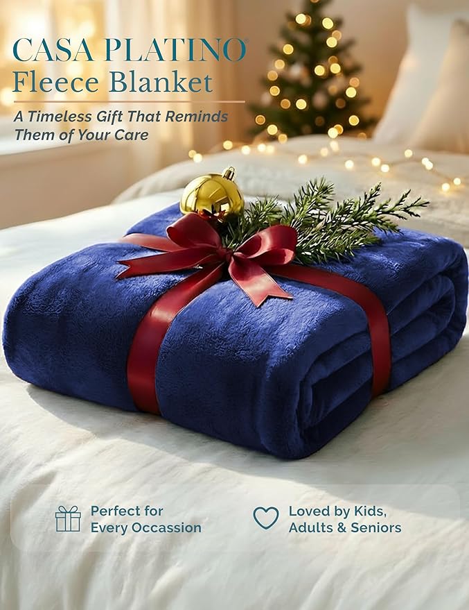 Casa Platino Fleece Blanket Twin Size – 300 GSM Navy Blue Fleece Throw for Bed or Couch – Soft Cozy Warm Holiday Bed Blanket for Winter, Fuzzy Plush Elegant Gifts for Kids, Men & Women - 68x90 Inch