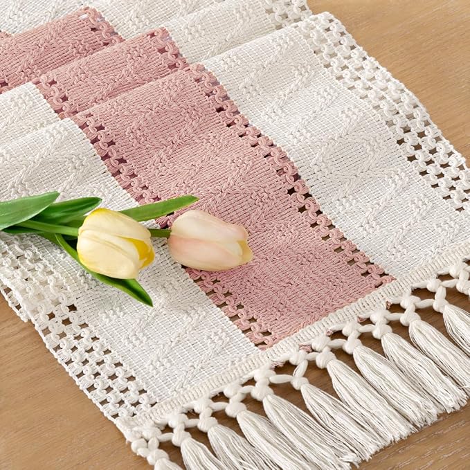Socomi Boho Table Runner Macrame Long Easter Spring Farmhouse Woven Cotton Linen Rustic Coffee Table Runner with Tassels for Dresser Scarf Home Decor Dining Room 12x108 inPink Ivory