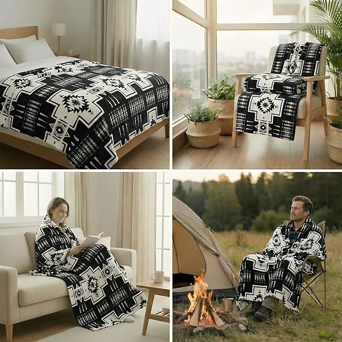 Fleece Blanket Full/Queen - 80x90 Inch Lightweight & Buttery-Soft Throw for Bed, Sofa, Camping | 300GSM Cloud-Touch Microfiber | Cozy Essentials for Travel & Movie Nights, (Boho Black&White)
