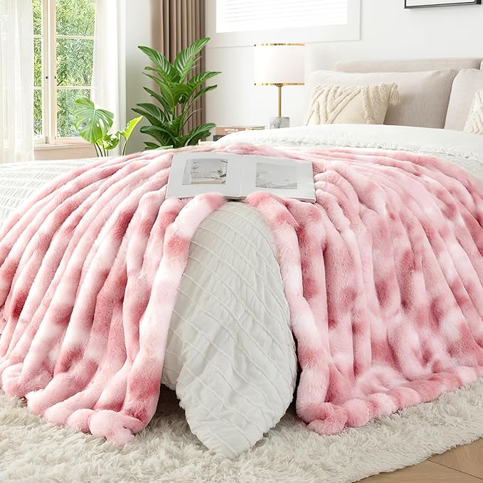 Touchat Luxury Faux Rabbit Fur Throw Blanket for Couch, Super Heavy Warm Cozy Blanket for Sofa Bedroom Living Room, Ultra Soft Fluffy Reversible Plush Blanket for Home Decor Gifts, Tie-dye Pink