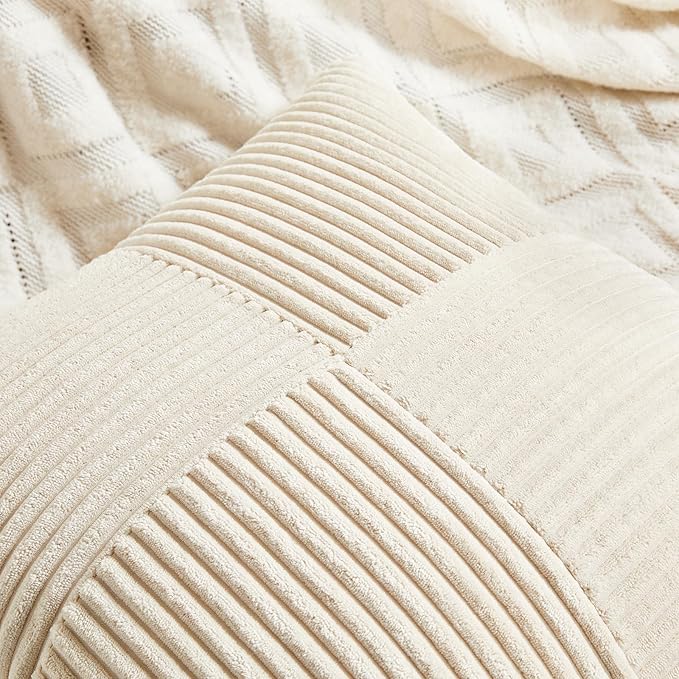 Fancy Homi 4 Packs Neutral Decorative Throw Pillow Covers 18x18 Inch for Living Room Couch Bed Sofa, Rustic Farmhouse Boho Home Decor, Soft Cross Striped Corduroy Patchwork Square Cushion Case 45x45cm