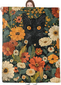Black Cat Blanket Cute Orange Eyes Kitten Surrounded by Autumn Flowers Throw Blankets Lightweight Flannel Throws for Camping Couch Chair Office Home Decor Gifts for Pet Lover,60x50inch