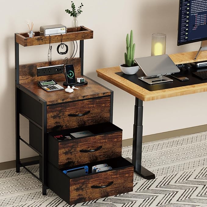 Nightstands Set of 2, End Table with LED Light and Charging Station Type C, 3 Drawers Storage Dresser Night Stand with Hooks, Tall Bed Side Table for Bedroom Dorm, Rustic Brown