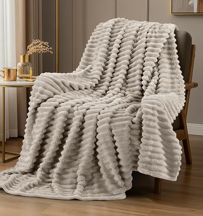 Utopia Bedding Linen Striped Fleece Blanket King Size – Fluffy, Warm & Lightweight Ribbed Throw for Bed, Sofa & Chair - Soft Cozy Blanket for Home Décor & Gifting (90x102 Inches)