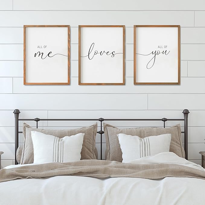 Set of 3 Framed Farmhouse All of Me Loves All of You Sign 11x14” Above Bed Wall Decor for Bedroom Decor Wall Art Wood Signs (11x14, Brown)