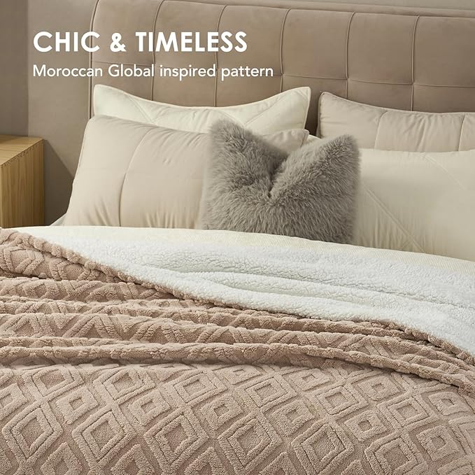 EverGrace Jacquard Boho Sherpa Fleece Throw Blanket for Couch, Super Soft Cozy Fuzzy Plush Blankets for Winter, Reversible Thick Warm Blanket for Bed, Sofa, Living Room, Khaki Tan, 108" x 90"