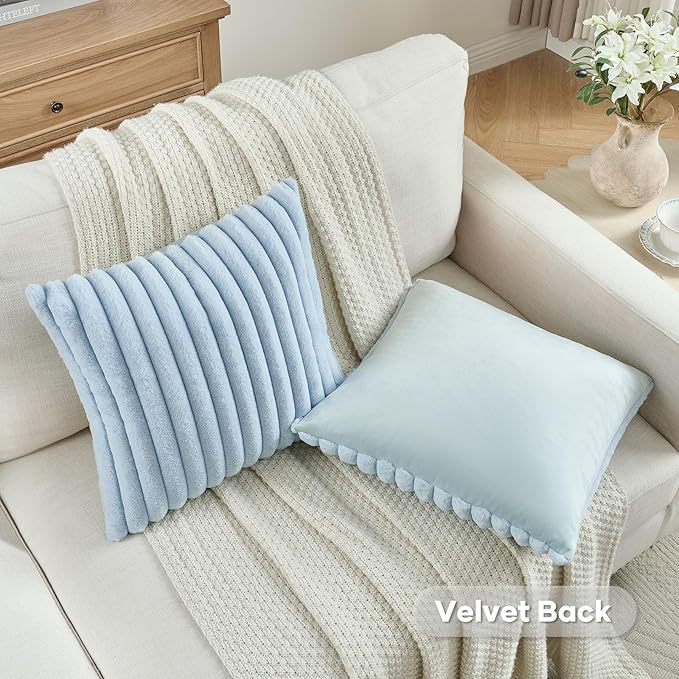 FUTEI Light Blue Decorative Throw Pillow Covers Set of 2, 24x24 Inch Soft Fluffy Faux Fur Plush Striped European Cushion Cases, Modern Home Decor for Couch Bed Living Room