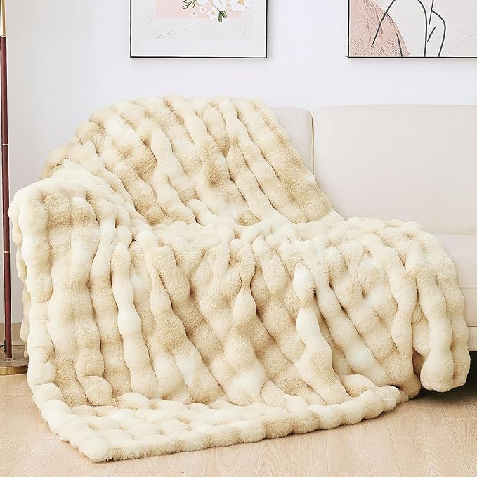 Light Tie-dye Yellow Faux Fur Rabbit Thick Throw Blanket for Couch Living Room 50x60 Fluffy Bed Furry Comforter Soft Blanket Best Housewarming Home Gifts 860 GSM
