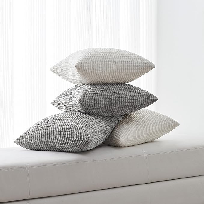 Topfinel Pillow Covers 22x22 Inch Set of 4 Decorative LightGrey Soft Corduroy Boho Striped Throw Pillow Covers Patchwork Cushion Cases Cute Aesthetic Home Decor for Couch Sofa Bed