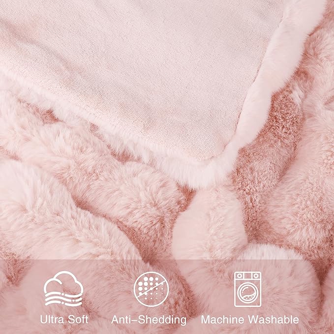 Comelady Faux Rabbit Fur Throw Blanket for Couch,Soft Fluffy Thick Bubble Blanket for Bed Sofa Room Decor-Lightweight Cozy Fuzzy Blanket Gifts for Women,Light Pink,50"×60"