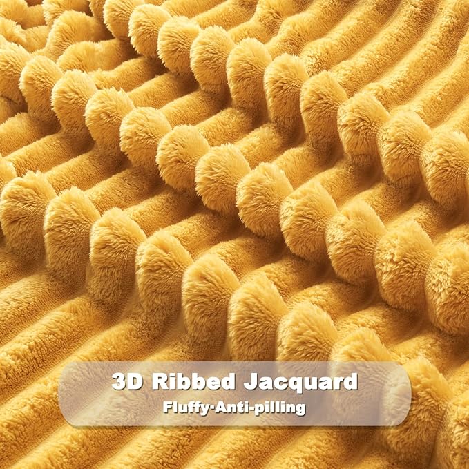 NEWCOSPLAY Super Soft Queen Blanket Mustard Yellow Premium Silky Flannel Fleece 3D Ribbed Jacquard Lightweight Bed Blanket All Season Use (Mustard Yellow Ribbed, Queen(90"x90"))
