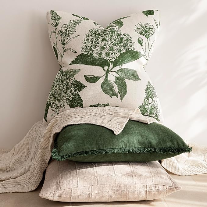 Foindtower Set of 2 Linen Floral Throw Pillow Covers Neutral Vintage Print Decorative Cozy Cushion Covers Farmhouse Boho Home Decor for Sofa Chair Couch Bedroom Living Room,24×24 Inch,Dark Green