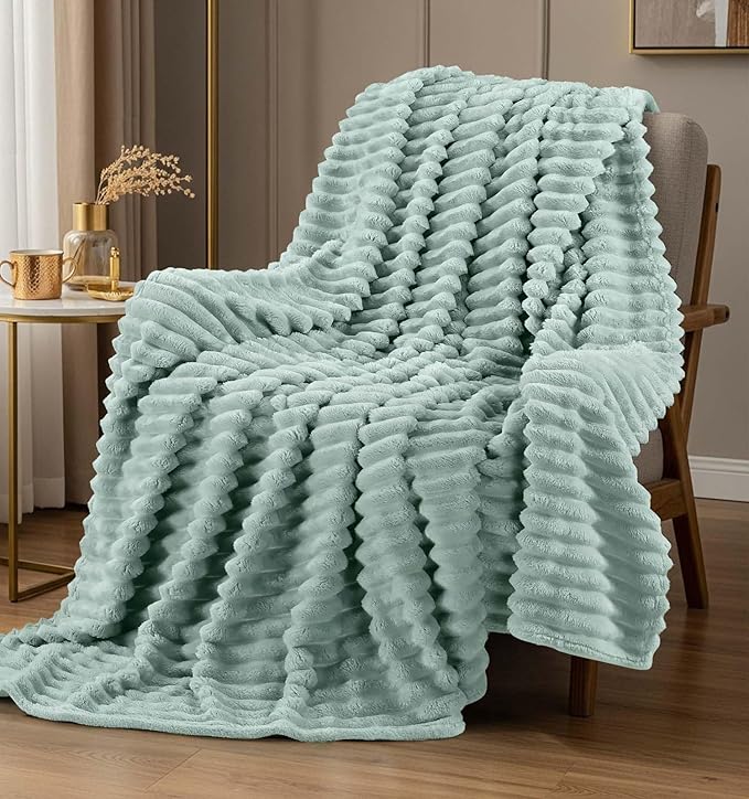 Utopia Bedding Sage Green Striped Fleece Blanket King Size – Fluffy, Warm & Lightweight Ribbed Throw for Bed, Sofa & Chair - Soft Cozy Blanket for Home Décor & Gifting (90x102 Inches)