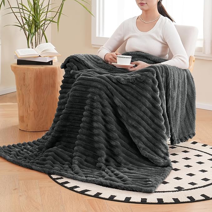 Vessia Flannel Fleece Throw Blanket for Couch,Sofa,Bed, 300GSM Striped Grey Throw Blanket for Adults and Kids, Super Soft Warm Cozy Lightweight Home Decor for All-Season(50x70inch)