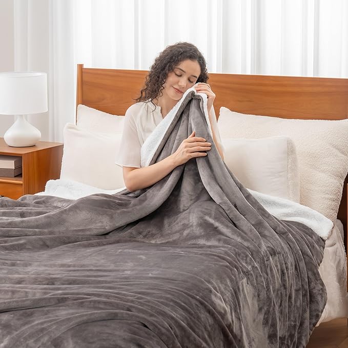 Berkshire Blanket-Sherpa Fleece Blanket, Warm and Soft Loftmink Reversible Blanket for Bed, Sofa and Travel, Charcoal Grey, 90 in x 90 in