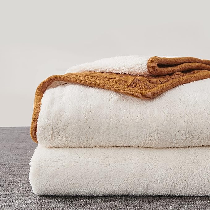 Longhui bedding Acrylic Cable Knit Sherpa Throw Blanket - Thick, Soft, Big, Cozy Burnt Orange Knitted Fleece Blankets for Couch, Sofa, Bed - Large 60 x 80 Inches Coverlet All Season