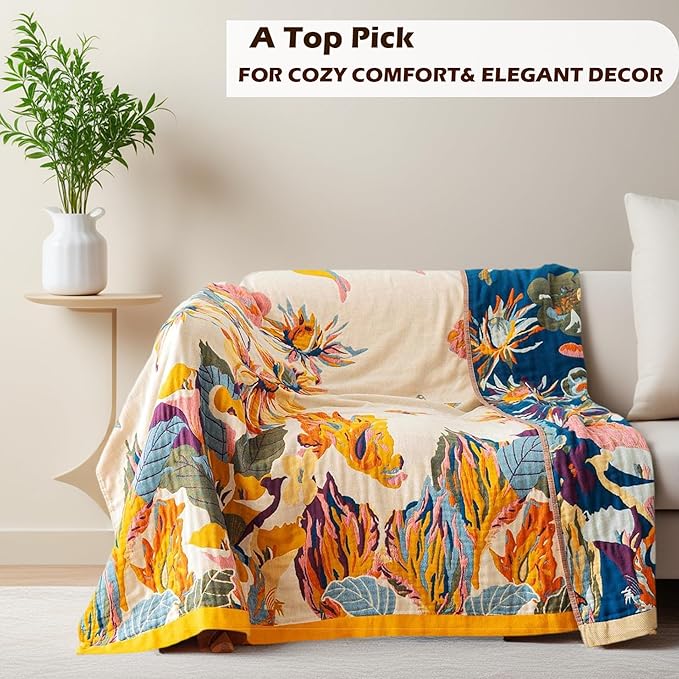Boho Large Throw Blanket for Bed Couch, 100% Organic Cotton Soft Queen Throw-Floral Butterfly Decor Fall Blanket for Sofa Quilt and Gift, 80" x 90"-Beige