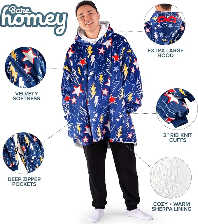 Bare Home Wearable Blanket Hoodie - Soft Plush Sherpa - Warm and Cozy - Oversized Wearable Blanket - Adult & Kid Sizes