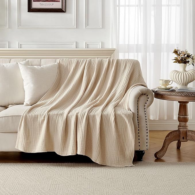 Joydeco 100% Cotton Muslin Throw Blanket for Couch Bed and Sofa, 4-Layer Lightweight and Breathable Soft Gauze Blanket for All Season, Luxury Throws Cotton Blanket Gift(Light Tan, 50"x70")