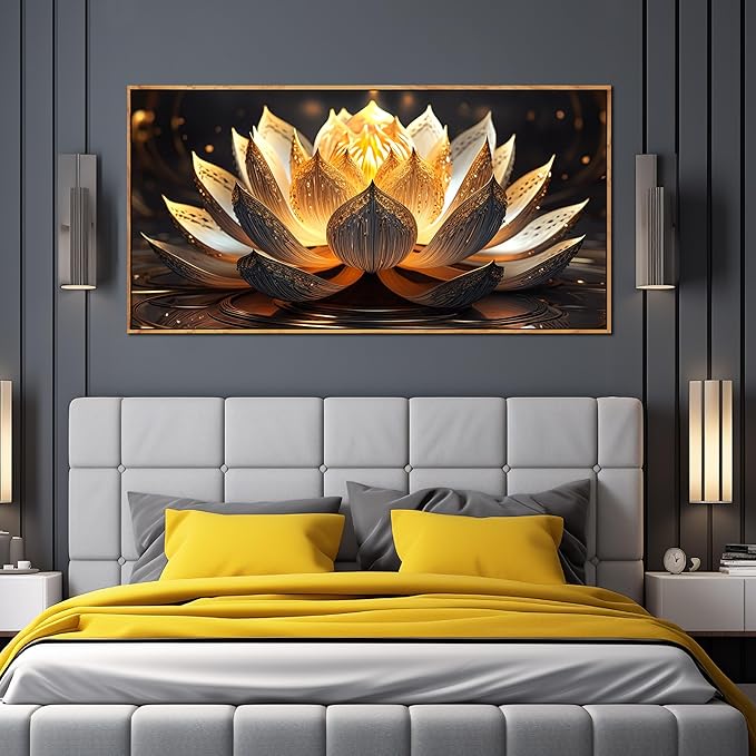 Lotus Flower Wall Art for Bedroom Women Yellow and Brown Wall Decor for Dining Room Large Living Room Wall Art with Wooden Frame 29 x 58 Inch