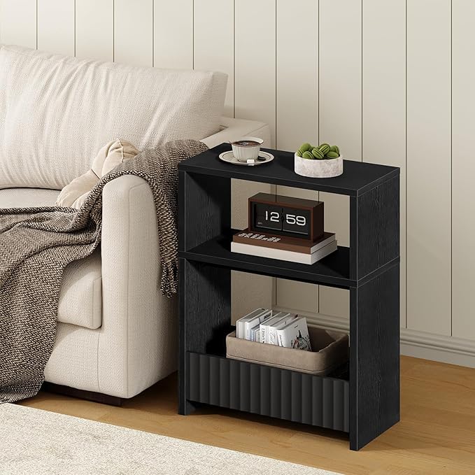 Small Narrow Side Table with Open Storage Shelves, 3-Tier Skinny End Table for Small Space, Slim Nightstand, Skinny Couch Side Table for Living Room, Bedroom, Entryway, Natural ETBK75101
