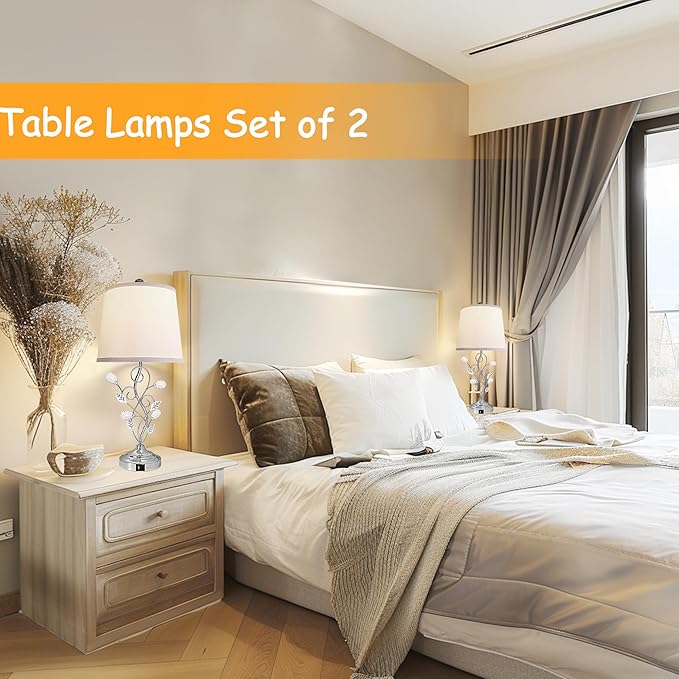 24.5in Modern Table Lamps - Set of 2, Silver with 2 USB Charging Ports, White Bedside Lamps for Nightstand, Unique Vine Leaf Design for End Table Reading