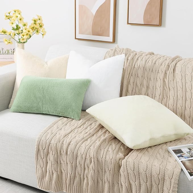 Pallene Faux Fur Plush Throw Pillow Covers 18x18 Set of 2, Soft Fluffy Couch Pillow Covers for Living Room, White